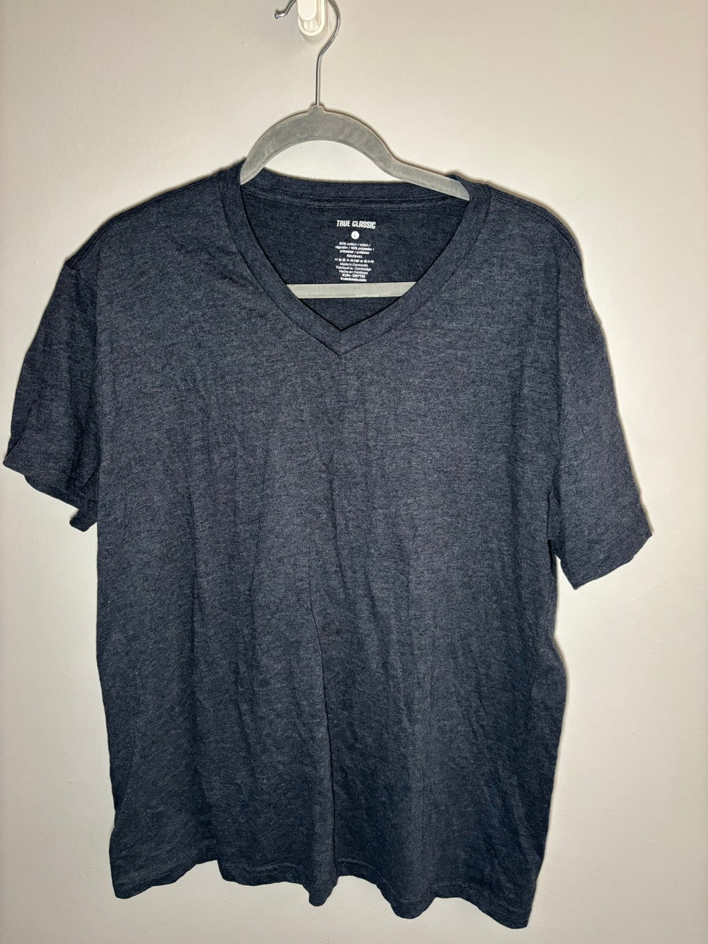 True Classic V Neck T Shirt Navy Heather Cotton Blend Size L